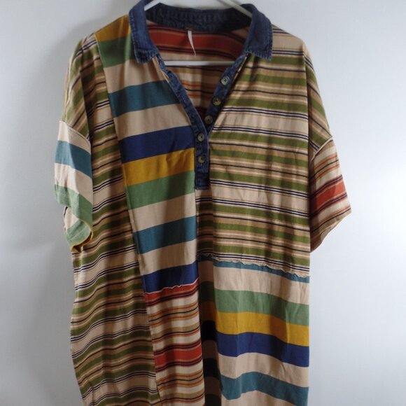Free People Multicolor Striped Tunic Dress Size L Raw Edge Denim Colar & Neck - Picture 1 of 5